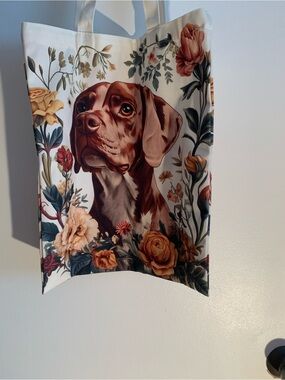 Floral Brown Dog Tote Bag - Canvas Pet Portrait Shopper tote medium size